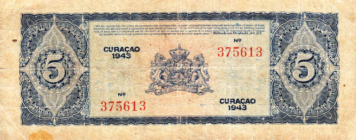 Back of Curacao p25a: 5 Gulden from 1943