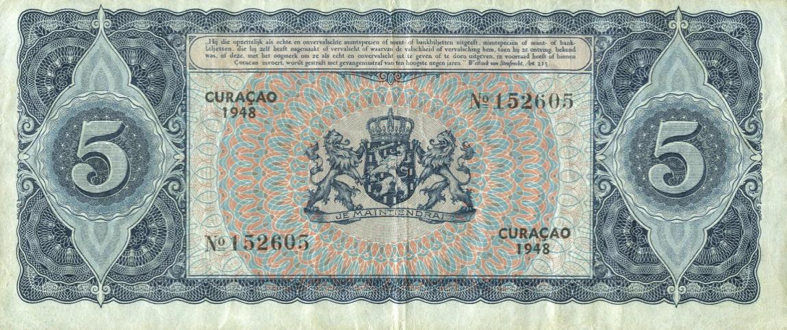 Back of Curacao p29: 5 Gulden from 1948