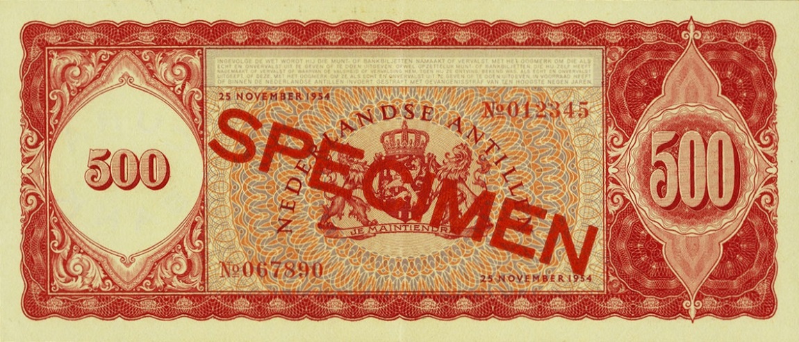 Back of Curacao p44s: 500 Gulden from 1954