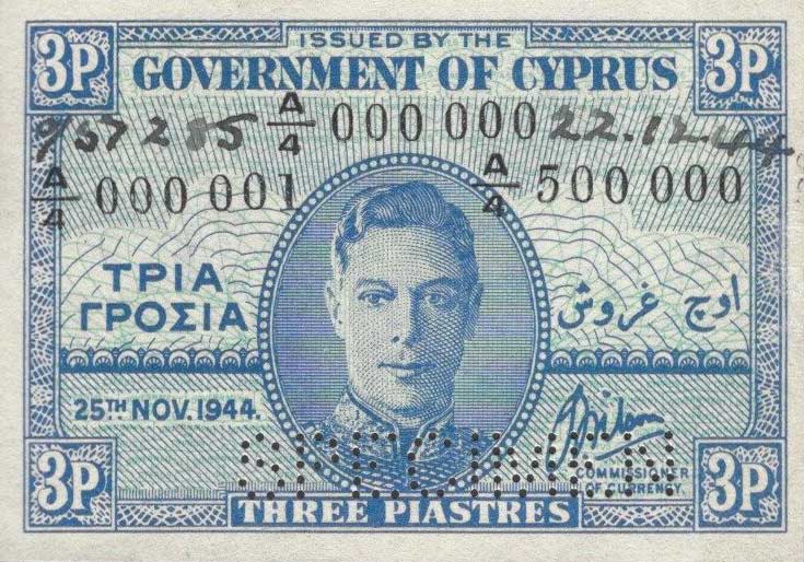 Front of Cyprus p28s: 3 Piastres from 1943