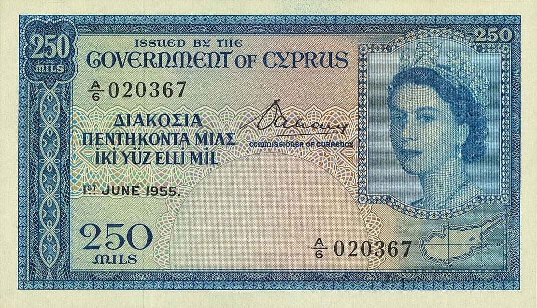 Front of Cyprus p33a: 250 Mils from 1955
