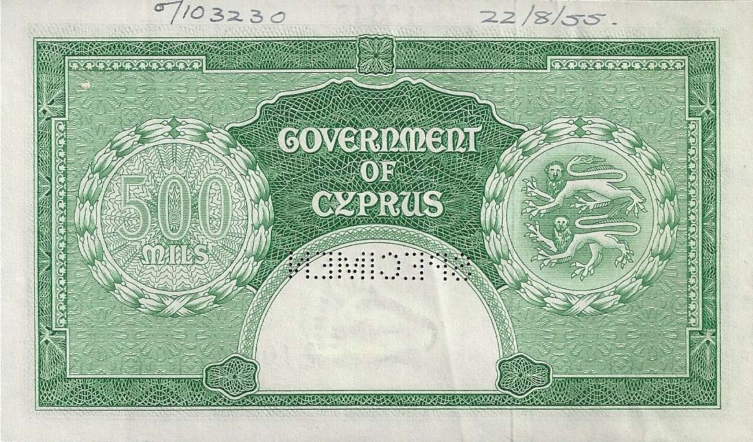 Back of Cyprus p34s: 500 Mils from 1955