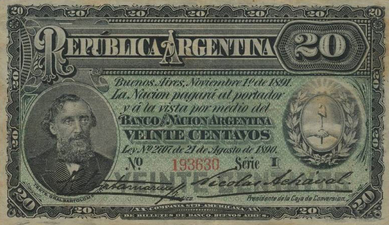 Front of Argentina p211b: 20 Centavos from 1891