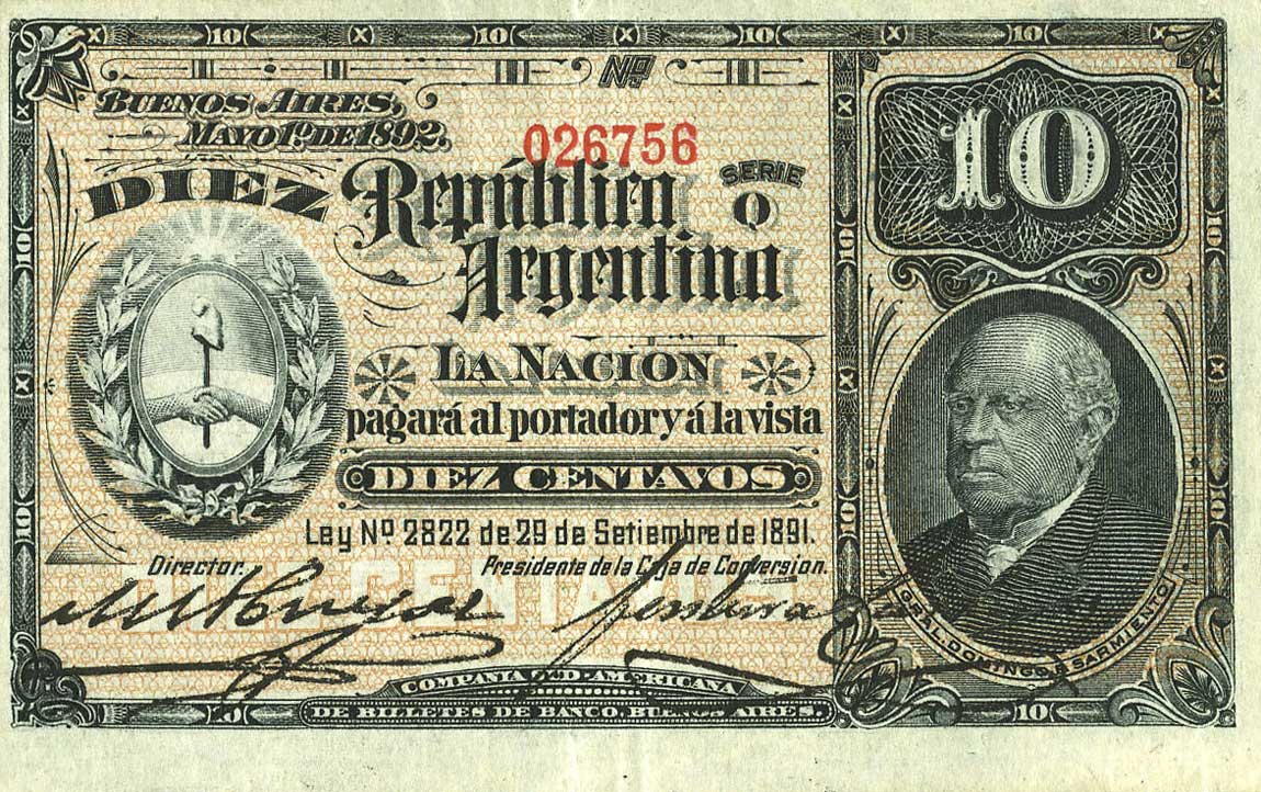 Front of Argentina p214: 10 Centavos from 1892