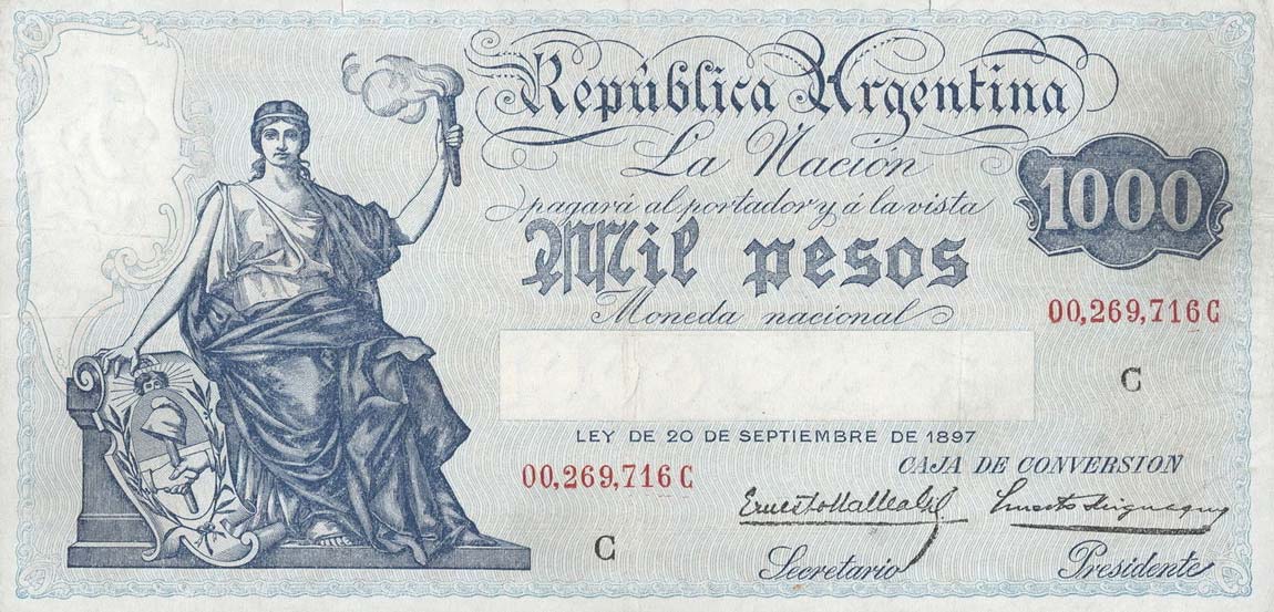 Front of Argentina p249c: 1000 Pesos from 1934