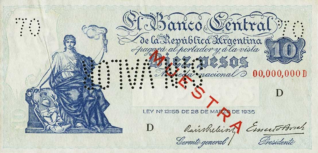 Front of Argentina p253s: 10 Pesos from 1936