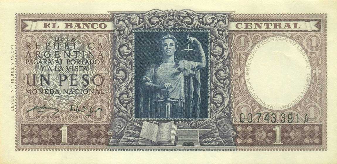Front of Argentina p260a: 1 Peso from 1952
