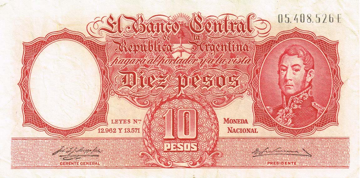 Front of Argentina p265b: 10 Pesos from 1942