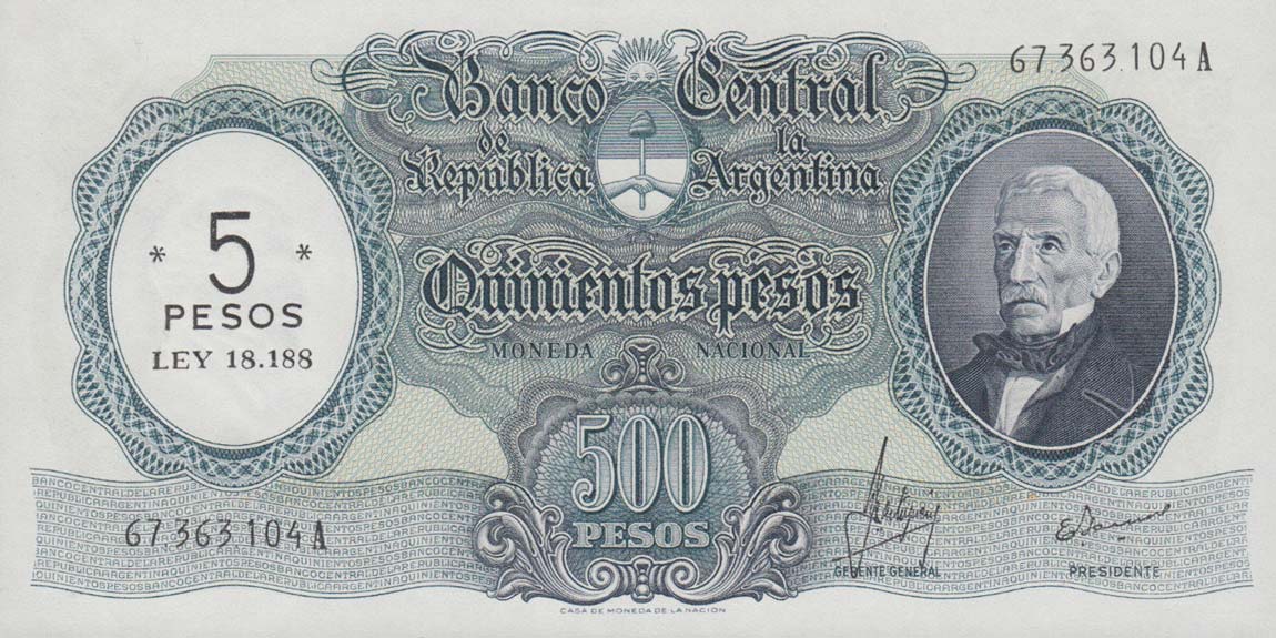 Front of Argentina p283: 5 Pesos from 1969