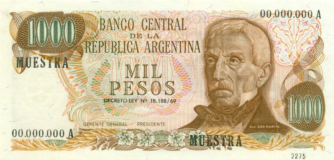 Front of Argentina p299s: 1000 Pesos from 1973