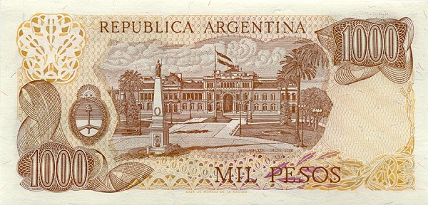 Back of Argentina p304c: 1000 Pesos from 1976