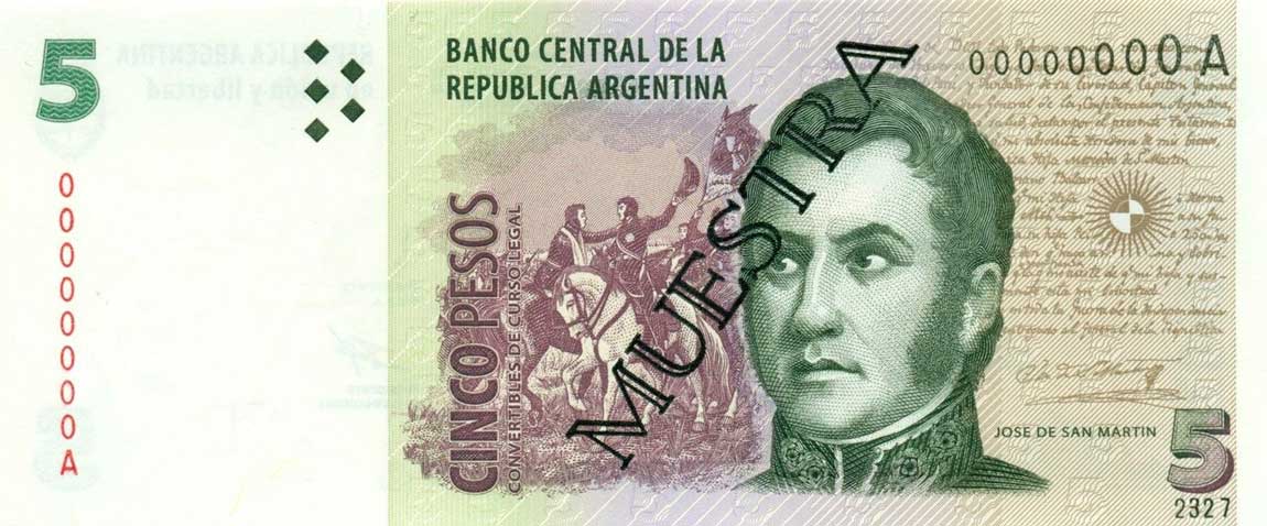 Front of Argentina p347s: 5 Pesos from 1998