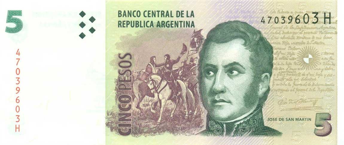Front of Argentina p353c: 5 Pesos from 2013