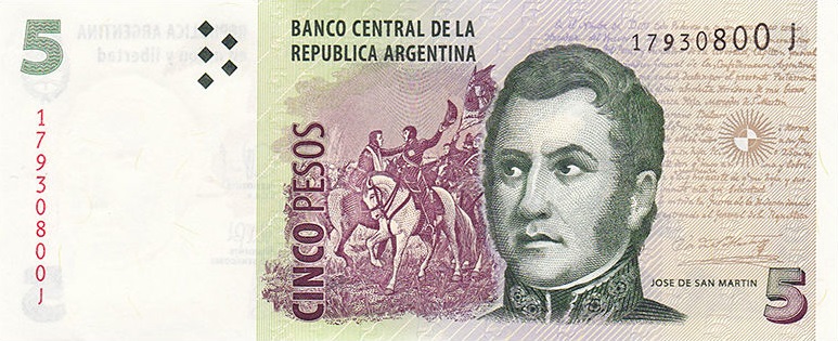Front of Argentina p353d: 5 Pesos from 2015