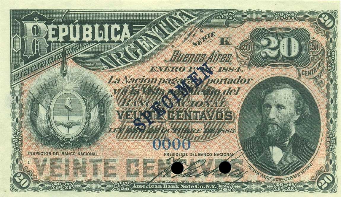 Front of Argentina p7s: 20 Centavos from 1884