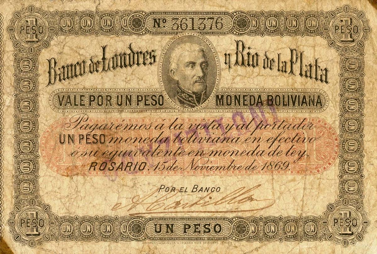 Front of Argentina pS1735: 1 Peso Moneda Boliviana from 1869