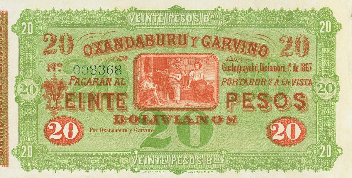 Front of Argentina pS1778r: 20 Pesos Bolivianos from 1867