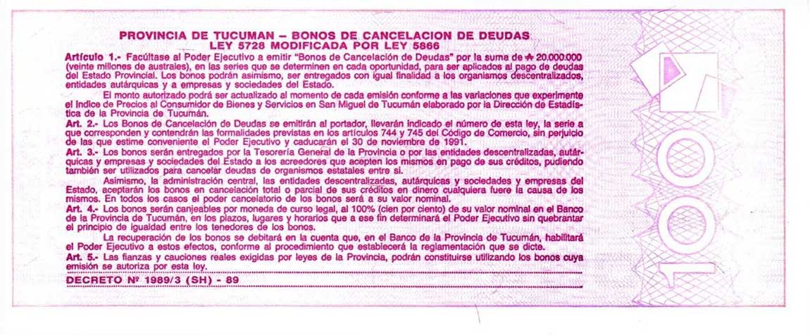 Back of Argentina pS2715: 100 Australes from 1991