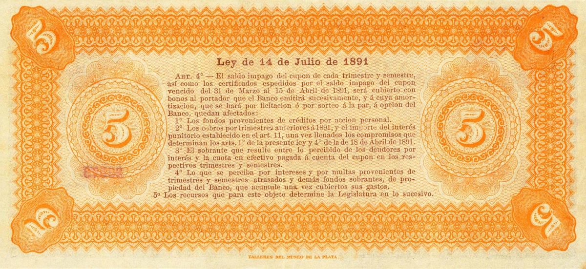 Back of Argentina pS617a: 5 Pesos from 1891