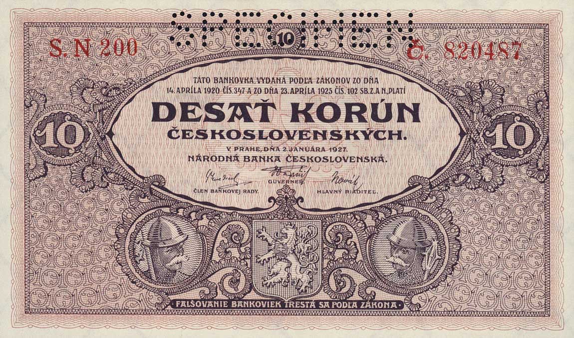 Front of Czechoslovakia p20s: 10 Korun from 1927