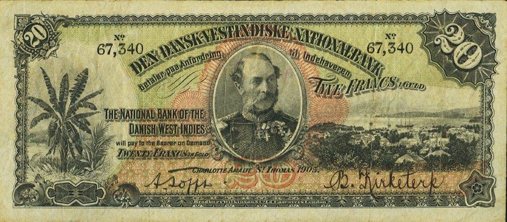 Front of Danish West Indies p19a: 20 Francs from 1905