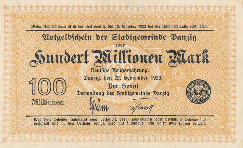 Front of Danzig p27a: 100000000 Mark from 1923