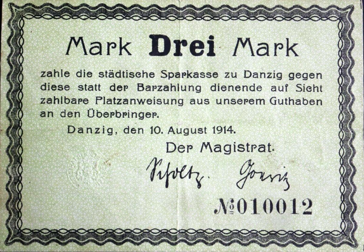Front of Danzig p4a: 3 Mark from 1914