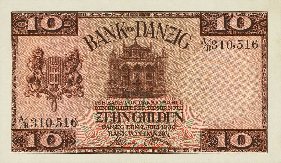 Front of Danzig p58: 10 Gulden from 1930