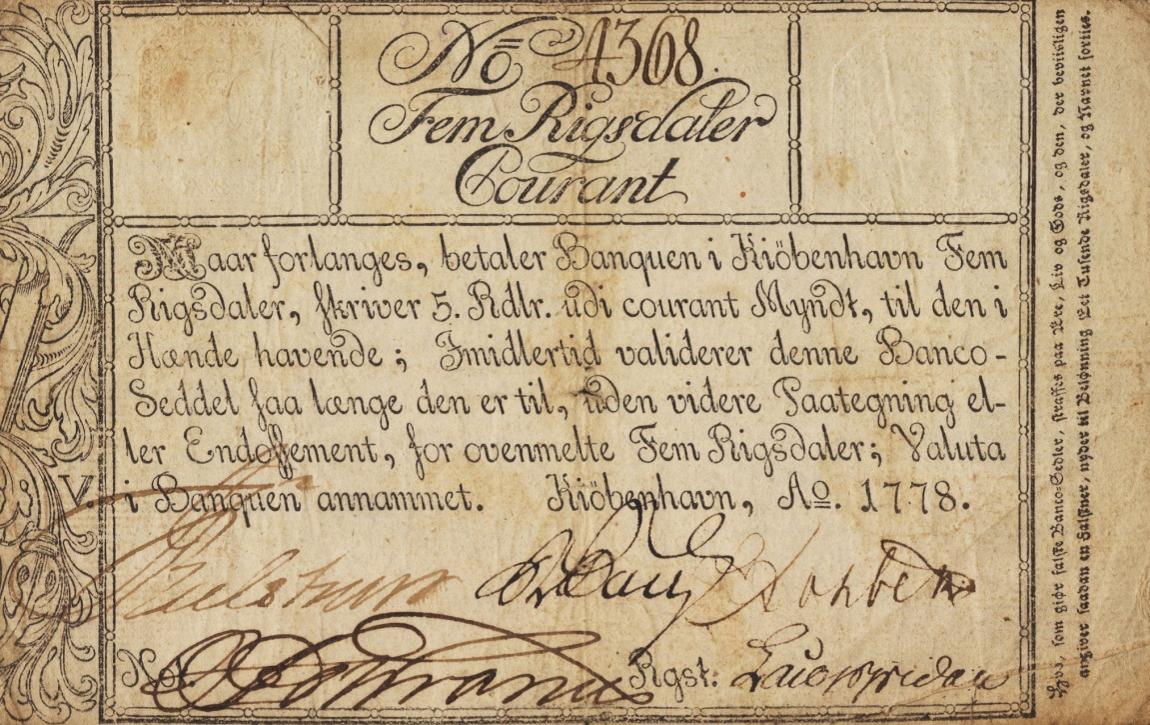 Front of Denmark pA29a: 5 Rigsdaler Courant from 1775