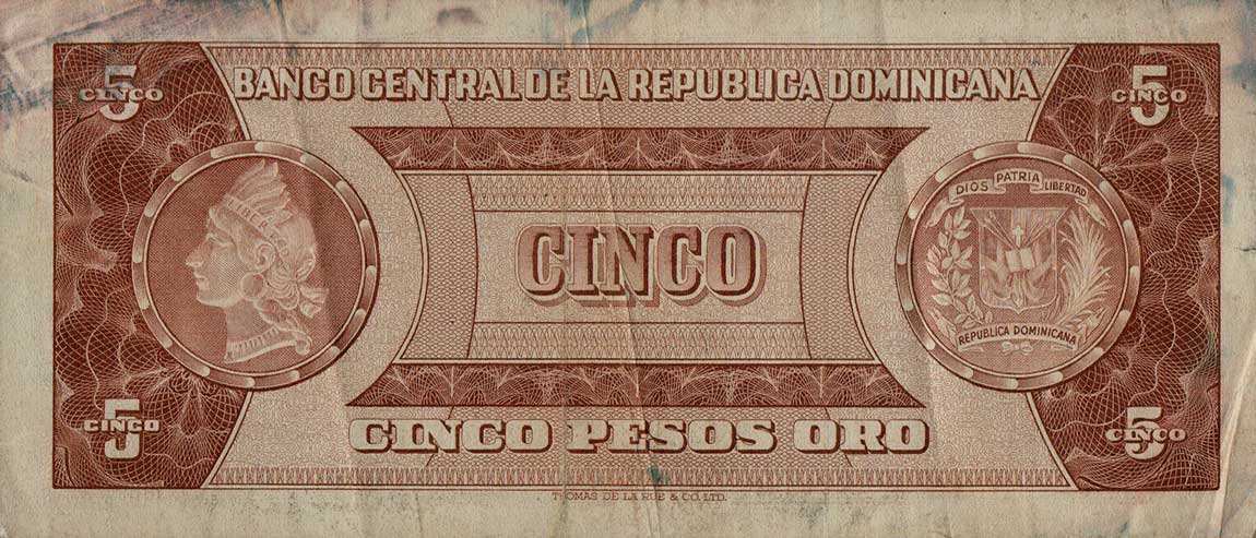 Back of Dominican Republic p100a: 5 Pesos Oro from 1964