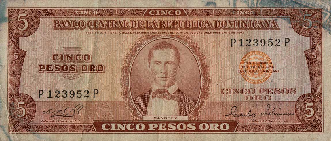 Front of Dominican Republic p100a: 5 Pesos Oro from 1964