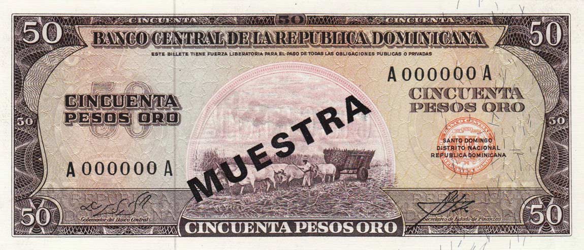 Front of Dominican Republic p103s1: 50 Pesos Oro from 1964