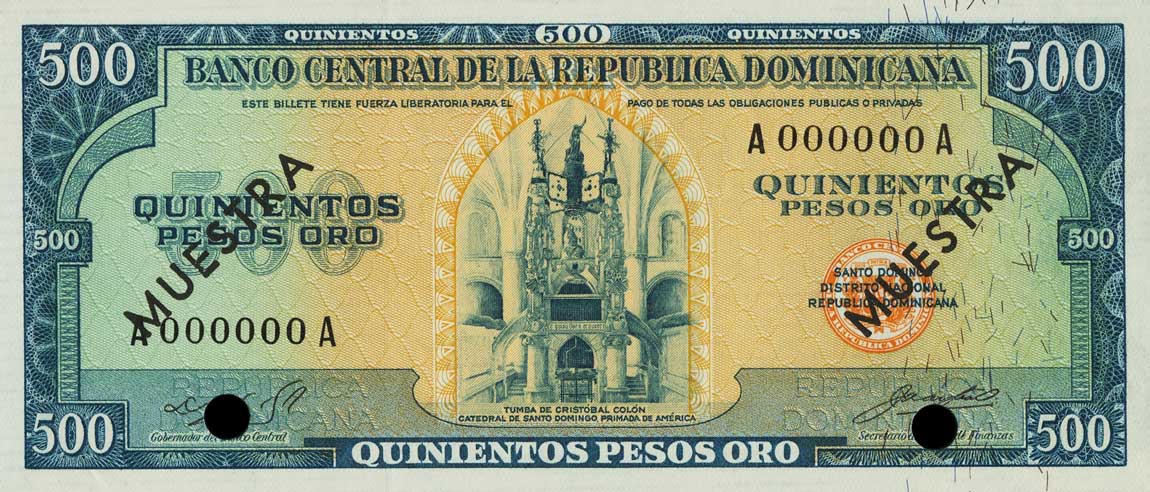 Front of Dominican Republic p105s2: 500 Pesos Oro from 1964