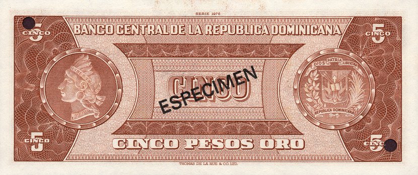 Back of Dominican Republic p109s: 5 Pesos Oro from 1975