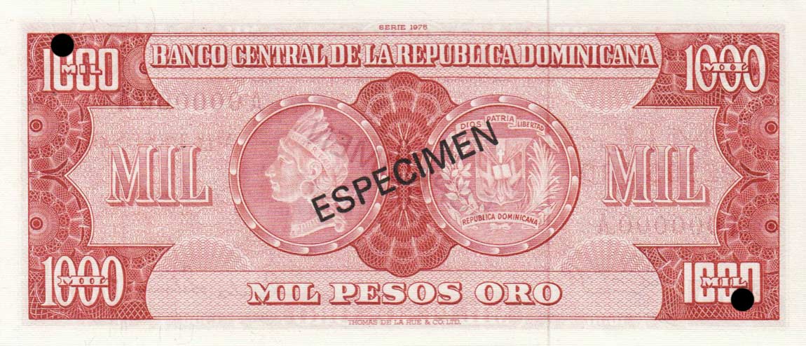 Back of Dominican Republic p115s2: 1000 Pesos Oro from 1976
