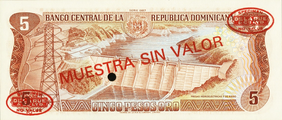 Back of Dominican Republic p118s2: 5 Pesos Oro from 1985