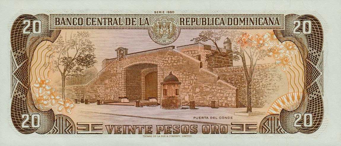 Back of Dominican Republic p120b: 20 Pesos Oro from 1980