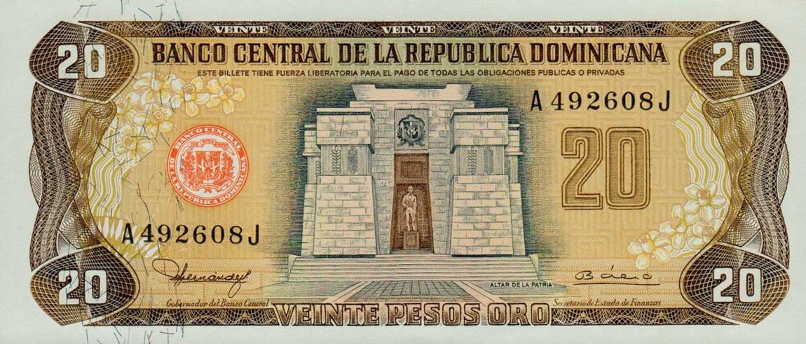 Front of Dominican Republic p120b: 20 Pesos Oro from 1980