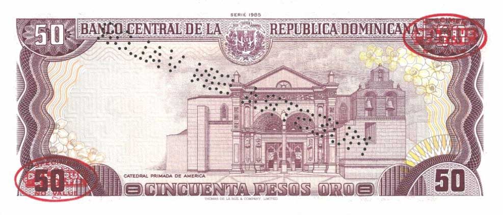 Back of Dominican Republic p121s2: 50 Pesos Oro from 1985