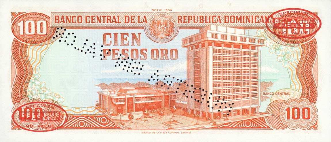 Back of Dominican Republic p122s2: 100 Pesos Oro from 1985