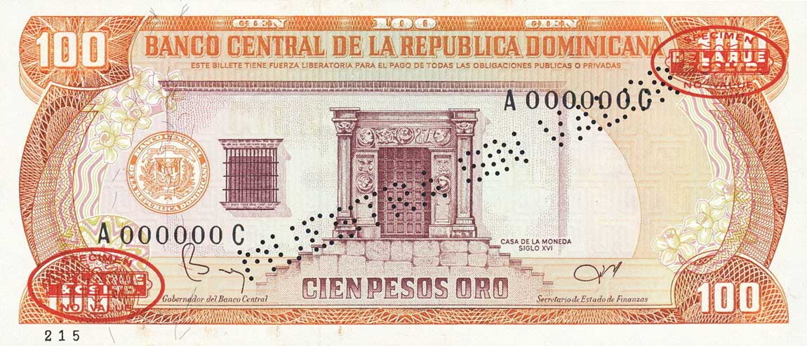Front of Dominican Republic p122s2: 100 Pesos Oro from 1985