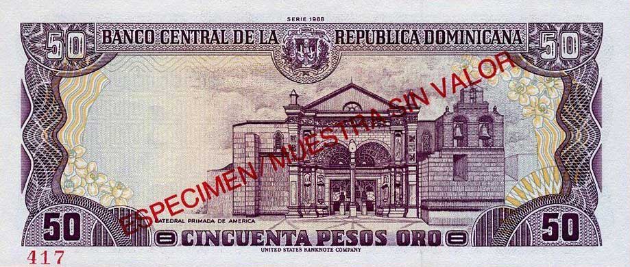 Back of Dominican Republic p127s: 50 Pesos Oro from 1988