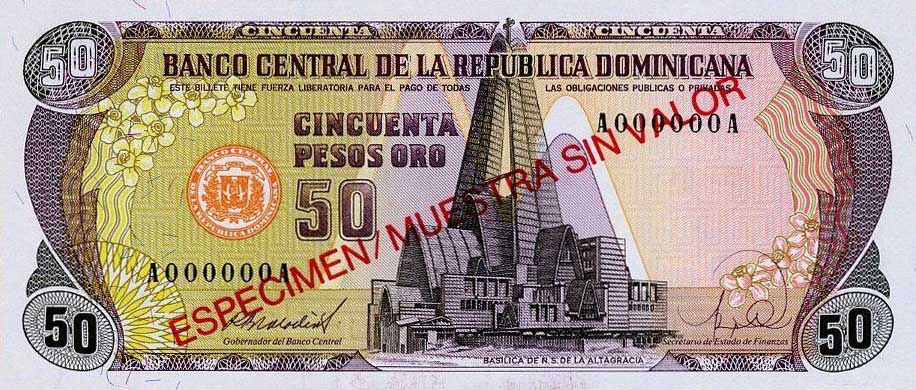 Front of Dominican Republic p127s: 50 Pesos Oro from 1988