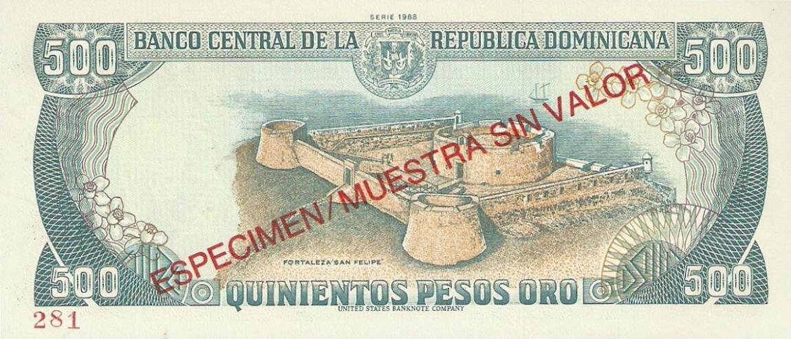 Back of Dominican Republic p129s: 500 Pesos Oro from 1988