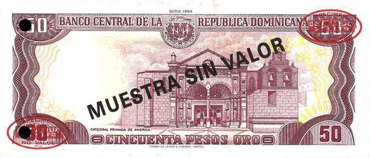 Back of Dominican Republic p135s2: 50 Pesos Oro from 1994