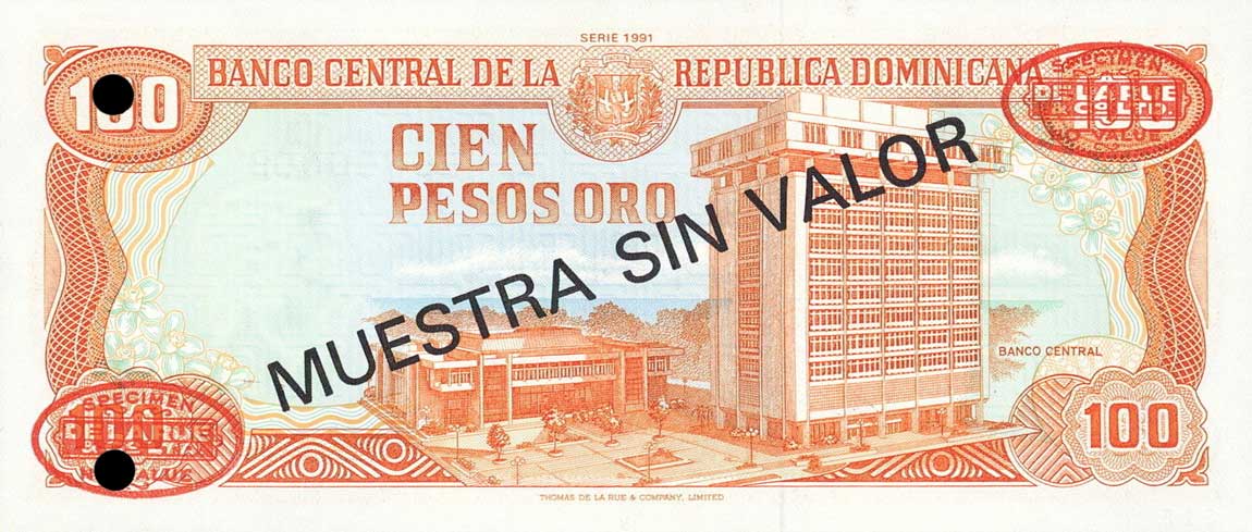 Back of Dominican Republic p136s1: 100 Pesos Oro from 1991