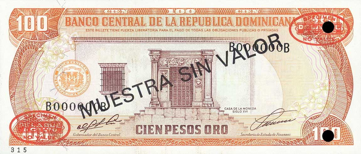 Front of Dominican Republic p136s1: 100 Pesos Oro from 1991