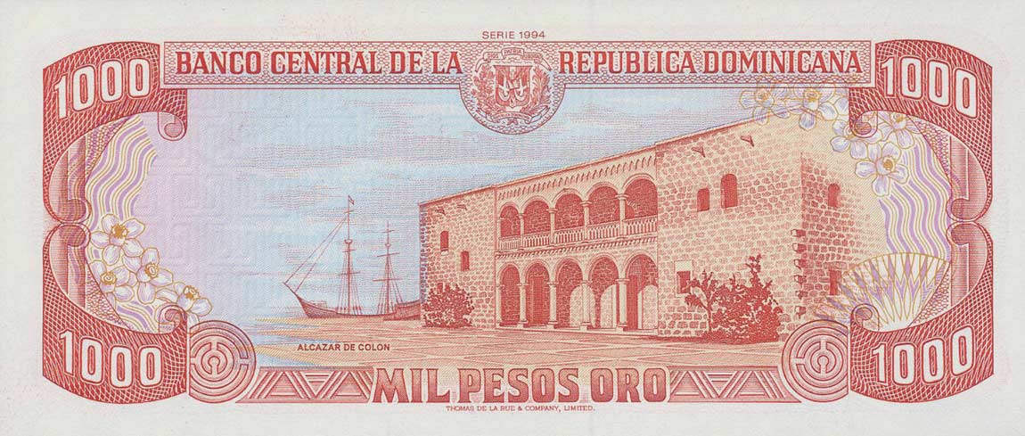 Back of Dominican Republic p138a: 1000 Pesos Oro from 1991
