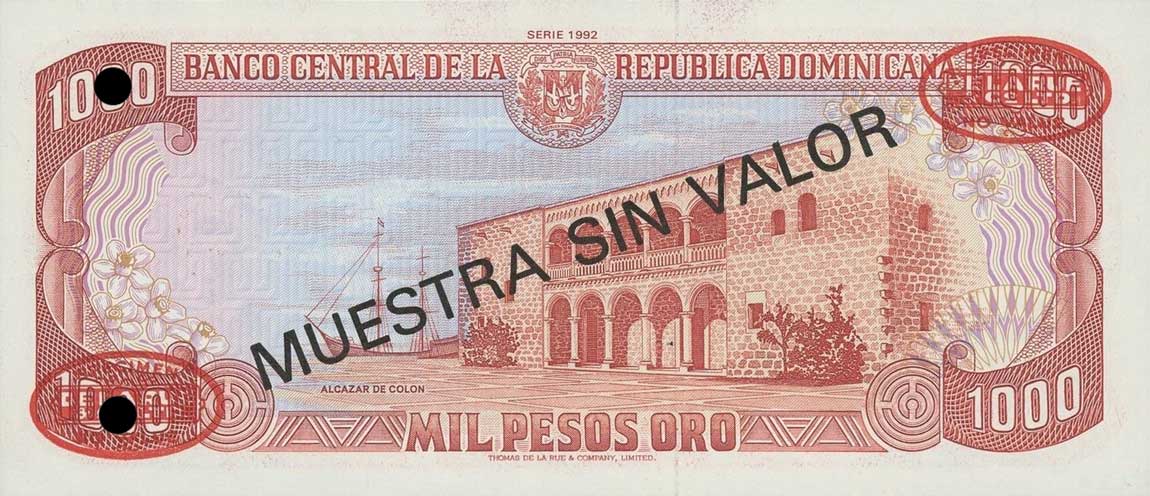 Back of Dominican Republic p142s: 1000 Pesos Oro from 1992