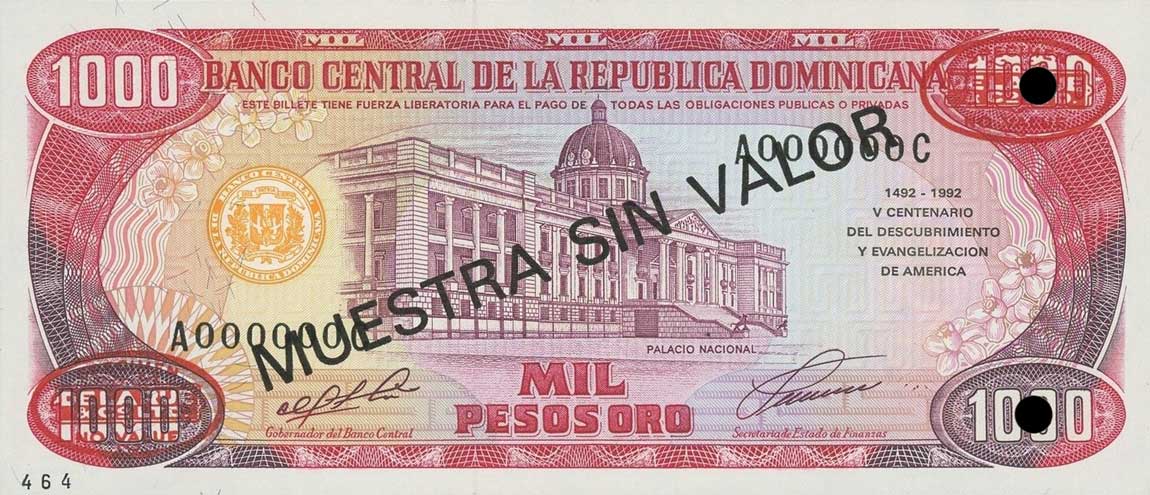 Front of Dominican Republic p142s: 1000 Pesos Oro from 1992